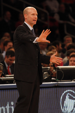 Head coach Kevin Willard directs his team from the sidelines. Willard's Pirates advanced to the second round after beating South Florida 46-42 in the first round of the Big East tournament Tuesday.