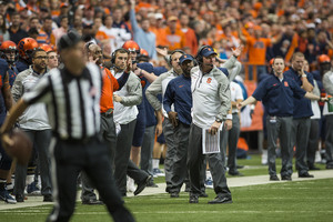 Syracuse head coach Scott Shafer looks on during his team's 38-20 loss to No. Florida State in the Carrier Dome on Saturday. 