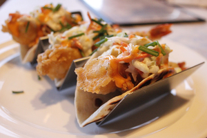 Fairly new to the menu, the shrimp tacos are made up of battered shrimp and coleslaw, covered in spicy aioli. They're served with a side of spicy mayo dipping sauce.