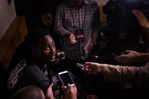 Darnell Harris fields questions from reporters on Saturday. He's one of six contributors who transferred to play at MTSU.