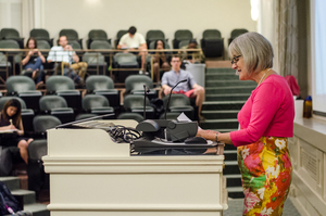 Vice Chancellor and Provost Michele Wheatly expressed her thoughts and spoke on behalf of Chancellor Kent Syverud during Monday's Student Association meeting. She opened the floor to questions from SA voting members and non-voting members.