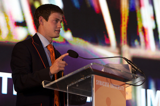 Student Association President Dylan Lustig speaks on the Quad.