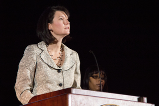 Tiffany Steinwert, dean of Hendricks Chapel, speaks to the crowd prior to Roslyn Brock's introduction as keynote speaker.