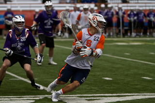 Syracuse midfielder JoJo Marasco carries the ball up the field.