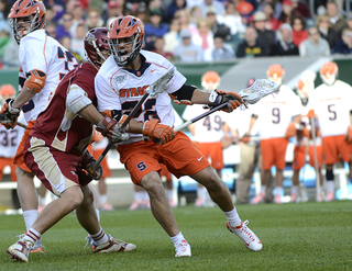 JoJo Marasco backs down his defender. Marasco had three points in SU's five-goal fourth quarter.