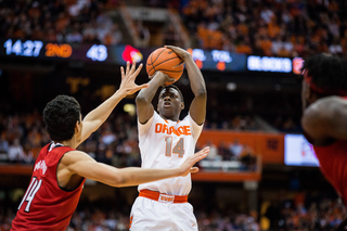 Joseph elevates for a jumper over Cardinals freshman Anas Mahmoud.