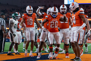 Syracuse football wins its fifth-straight game to start the season after a 59-0 win over Wagner on October 1. For the first time since 1987, Syracuse started the season 6-0, eventually earning it a spot in the Bad Boy Mowers Pinstripe Bowl against Minnesota.